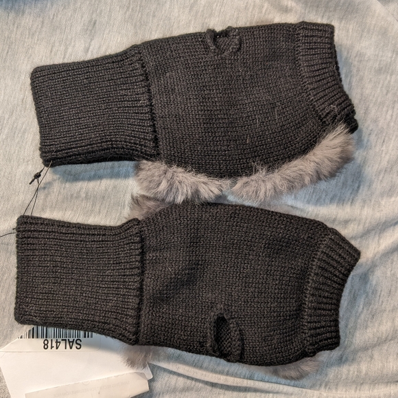 JOCELYN RABBIT FUR TOPPED WOOL BLEND FINGERLESS GLOVES MITTENS - Picture 5 of 5